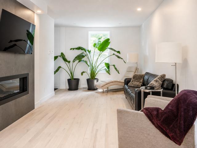 The living room with leather sofa, gas fireplace and tall plants