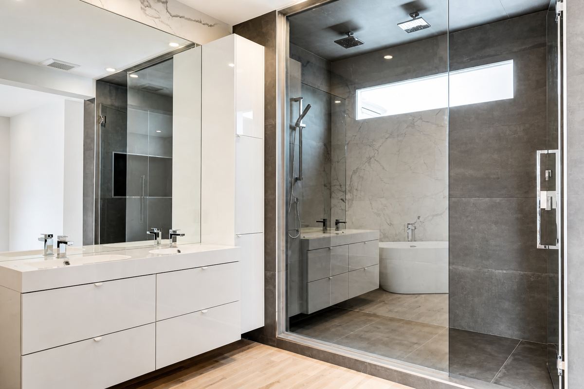 The glass-walled steam shower with slate tile and a lit niche