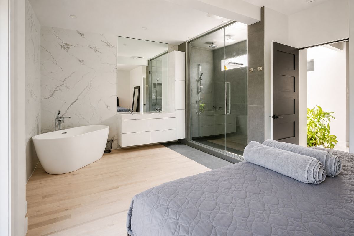 The king bedroom looking through to the ensuite tub and marble wall