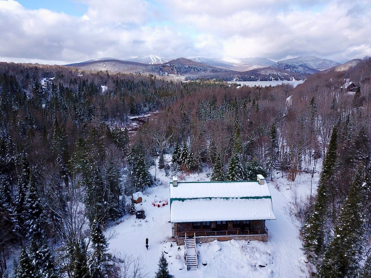 Aerial view of the snow-covered chalet roof with the Laurentian peaks on the horizon
